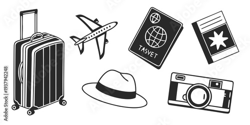Assorted travel items including luggage, passport, and camera Vector