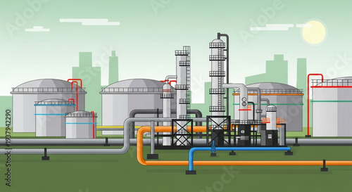 Industrial oil refinery complex with storage tanks and pipelines.