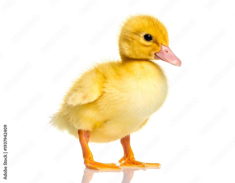 Fototapeta premium Soft, fluffy, yellow duckling stands on a white surface looking off to the side, showing off its tiny, orange feet