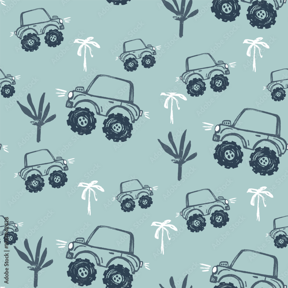 Obraz premium Monster truck car funny cool summer t-shirt seamless pattern. Road trip big foot vacation print design.