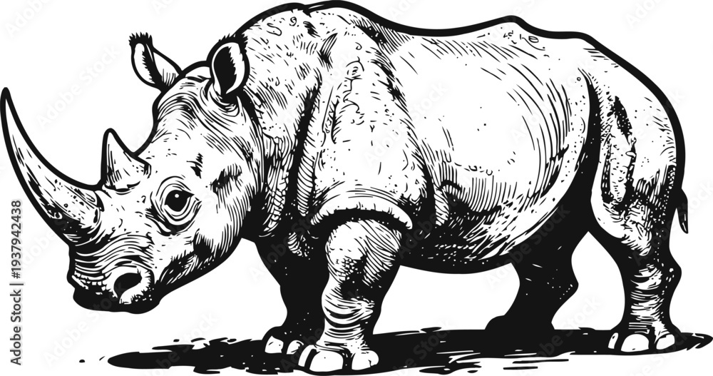Fototapeta premium Detailed black and white illustration of a rhinoceros standing sideways with textured skin and visible horns