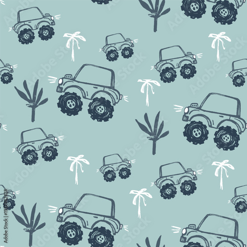 Monster truck car funny cool summer t-shirt seamless pattern. Road trip big foot vacation print design.