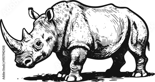 Detailed black and white illustration of a rhinoceros standing sideways with textured skin and visible horns
