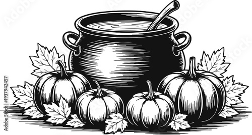 Black and white vintage autumn illustration with pumpkins, maple leaves, and a cast iron pot with ladle