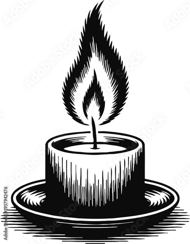 Burning candle with large flame on a round candle holder in black and white vintage