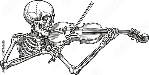 Skeleton playing violin detailed black and white illustration of human skeleton holding and playing musical instrument with bow