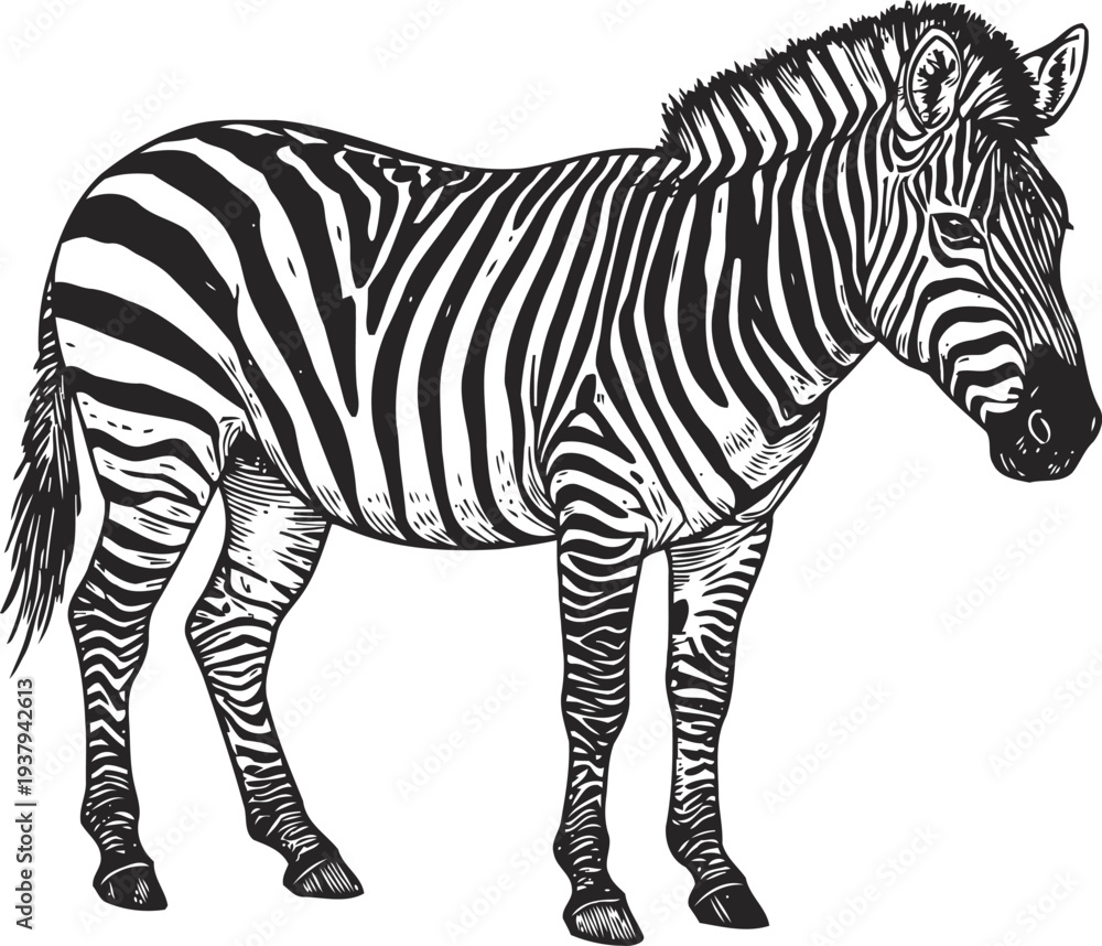 Obraz premium black and white zebra standing sideways with detailed stripes and mane illustration