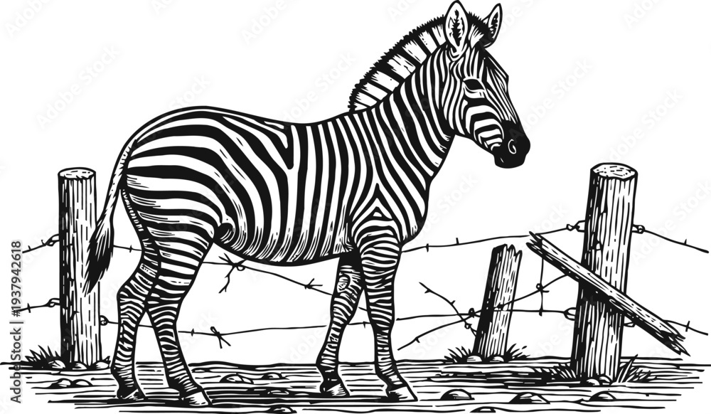 Naklejka premium black and white zebra standing near a wooden fence with barbed wire in rural landscape