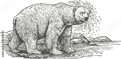 detailed polar bear shaking off water by the shore with rocky landscape in the background