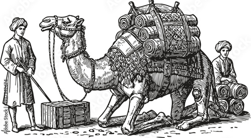 Traditional camel caravan with loaded supplies and riders in historical desert travel scene