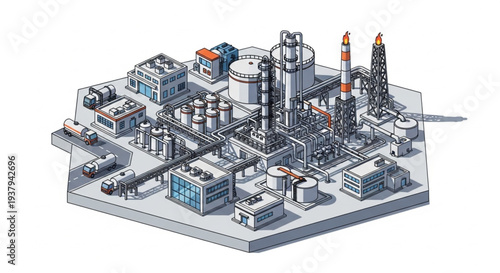 Industrial factory complex with various buildings and machinery.