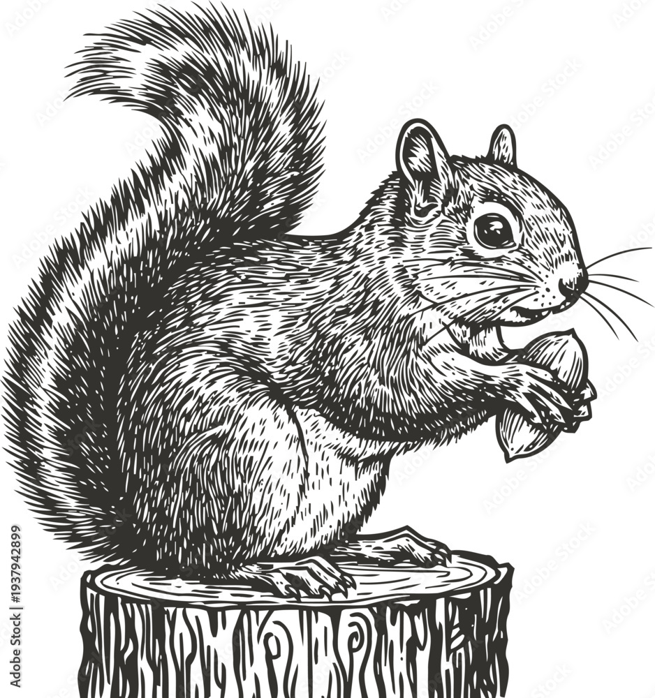 Obraz premium detailed black and white illustration of a squirrel holding a nut on a tree stump