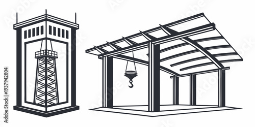 Two distinct architectural structures, one with a tower and the other with a roof. Vector