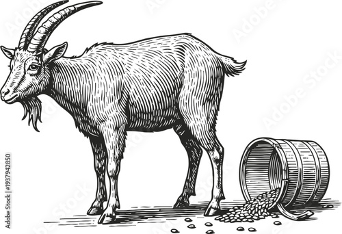 Black and white goat standing next to spilled wooden bucket with scattered grains