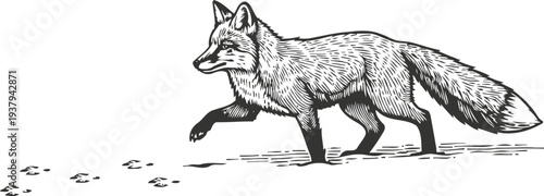 Black and white fox walking and tracking animal footprints with detailed fur and bushy tail illustration