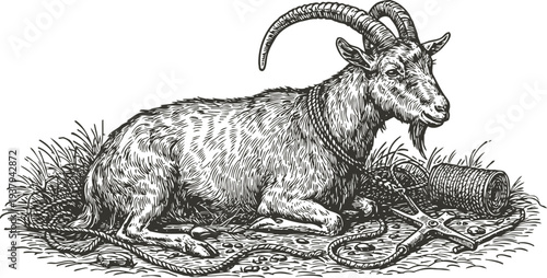resting goat with rope and scissors lying on grass farm animal sketch, vintage pastoral illustration
