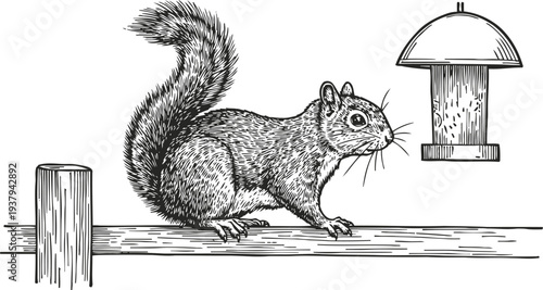 Detailed black and white illustration of a squirrel perched on a wooden fence next to a hanging bird feeder