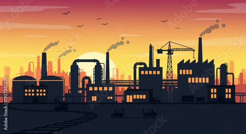 Industrial factory silhouette at sunset with smoke stacks.