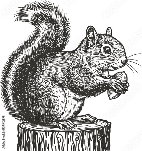detailed black and white illustration of a squirrel holding a nut on a tree stump
