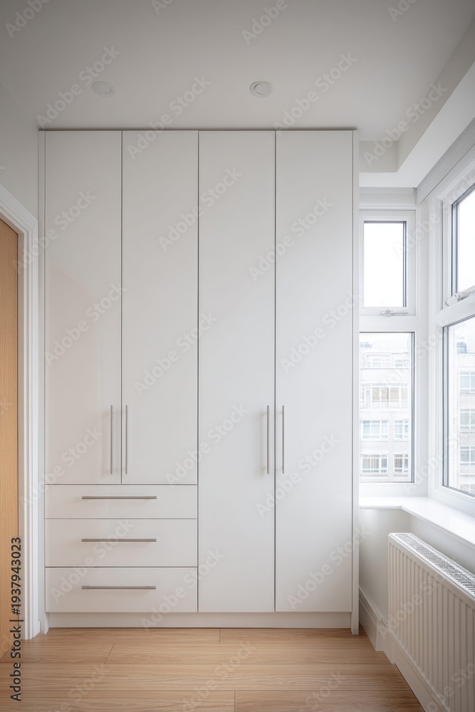 Fototapeta premium Modern white built-in wardrobe with drawers and natural wood flooring in a bright room