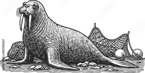 Walrus laying on rocks near fishing nets and buoys detailed vintage engraving illustration