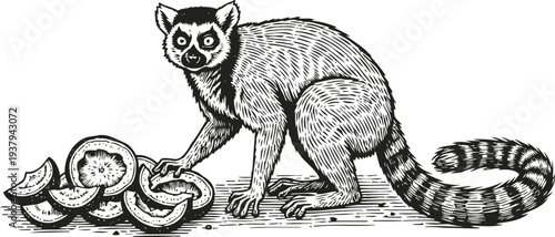 Vintage illustration of a ring tailed lemur interacting with sliced citrus fruits in black and white