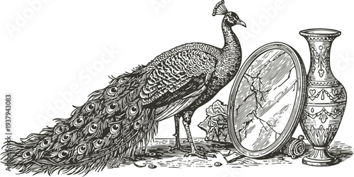 Vintage black and white illustration of a peacock with an ornate mirror and decorated vase