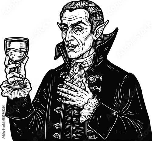 Vintage vampire dracula holding wine glass with fangs and pointed ears in gothic costume