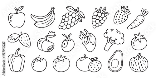 Doodle fruit and vegetable collection featuring apple banana grapes and broccoli in cute cartoon line style