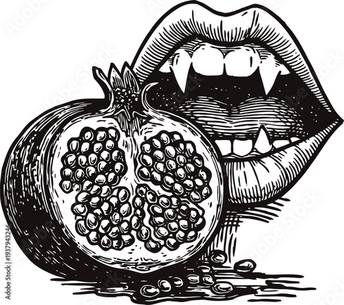 Vampire lips with sharp fangs biting pomegranate fruit half with seeds falling out