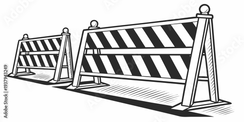 A pair of road barriers with reflective stripes and a warning sign. Vector