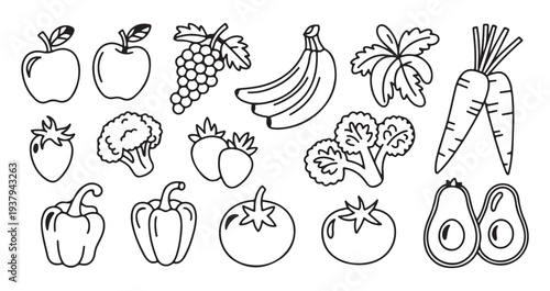 Set of fruit and vegetable outlines, simple black and white illustrations of healthy food items
