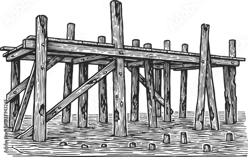 Old wooden pier structure with vertical and horizontal beams over water, vintage hand drawn illustration