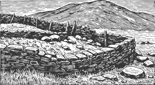 ancient dry stone wall curving through grassy landscape with distant hills and scattered rocks