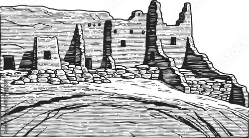 Ancient stone ruins on rocky landscape with steep cliffs and weathered walls