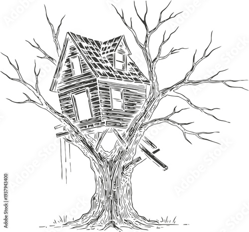 Old wooden treehouse on large bare tree branches, rustic childhood playhouse illustration