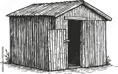 Old wooden shed with open door rustic farm building vintage sketch illustration