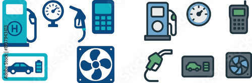 This visual showcases essential elements found at fueling stations, including fuel pumps, gauges, and electric vehicle chargers, promoting efficient energy usage.