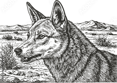Detailed black and white illustration of a wolf head with desert landscape and mountains in background