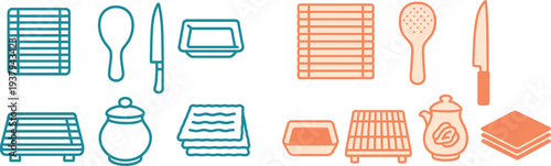 Various kitchen utensils are displayed on a clean surface. Items include a cutting board, a spatula, a knife, a container, a pot, and some napkins, ready for culinary tasks.