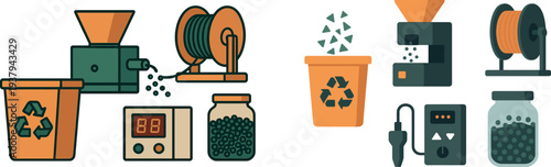 Equipment for recycling is displayed, including a grinder, a spool for wire, a digital counter, and a jar filled with colorful beads, indicating a creative workspace focused on sustainability.