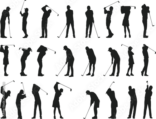 Professional golf player silhouettes performing various swings, successful athletes playing on green course during tournament competition