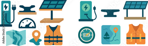 Various icons represent renewable energy sources and navigation aids. The collection includes solar panels, an electric vehicle charger, a map, and a life vest, emphasizing sustainability and safety.