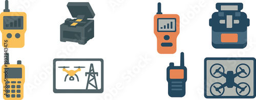 Various communication and technology tools are showcased, including radios, a printer, and a drone. These items represent innovations in modern connectivity and efficiency.
