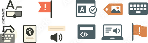 Various icons illustrate accessibility features including visual aids, audio options, and user interface enhancements relevant to digital content creation.
