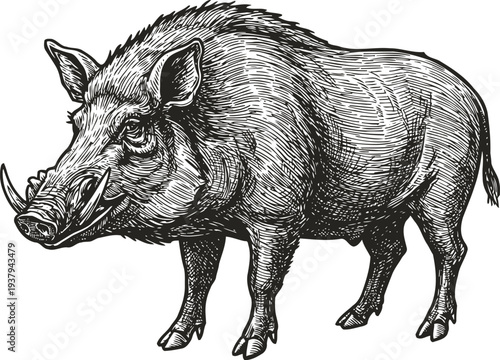 Detailed wild boar illustration hand drawn vintage wild pig with tusks and coarse fur engraved hunting animal sketch