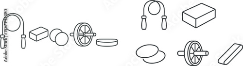 Various pieces of fitness equipment are displayed, including a jump rope, weights, and a wheel. These items are essential for strength training and overall fitness improvement.