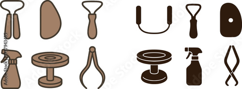 Six gardening tools are arranged neatly, showcasing essential equipment for outdoor tasks. Included are a weeder, spray bottle, and pruning shears, highlighting their practical design.