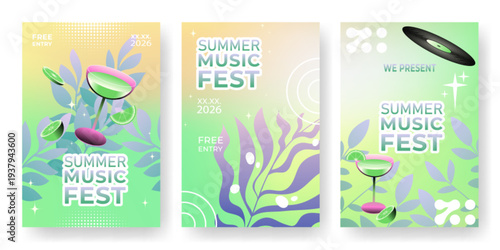 Music fest poster set with vibrant gradient, halftones and abstract floral design, vector illustrations. Template for concert flyers with vinyl record, electro club events, and festival promotions.
