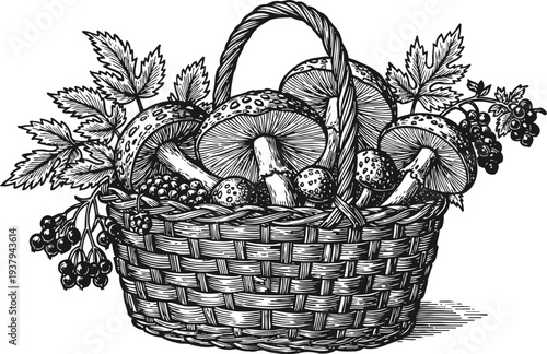 Basket filled with wild mushrooms and berries hand drawn forest harvest basket with toadstools and currants rustic natural food illustration